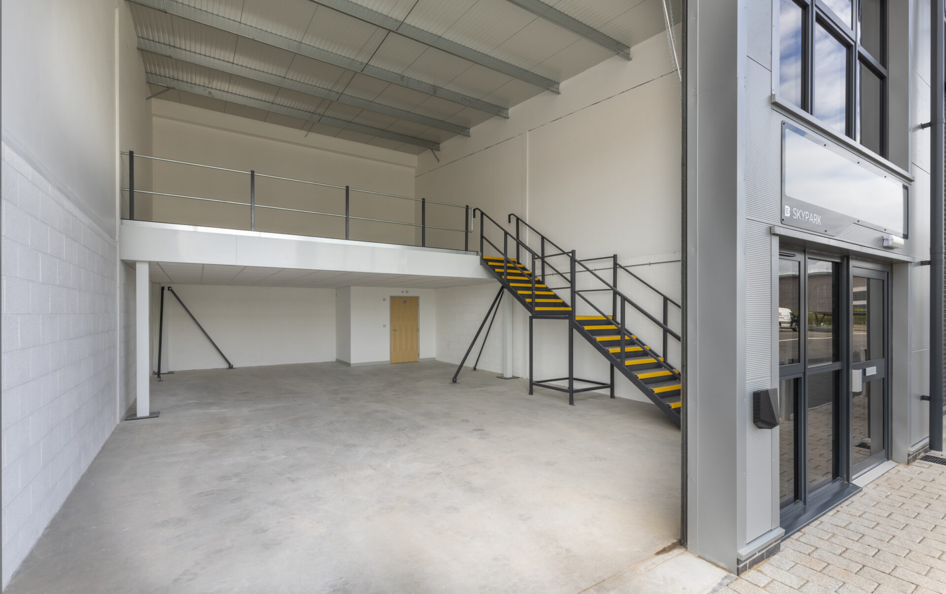 mezzanine floor within skypark Mezzanine flooring installed for Burrington Estates in Devon
