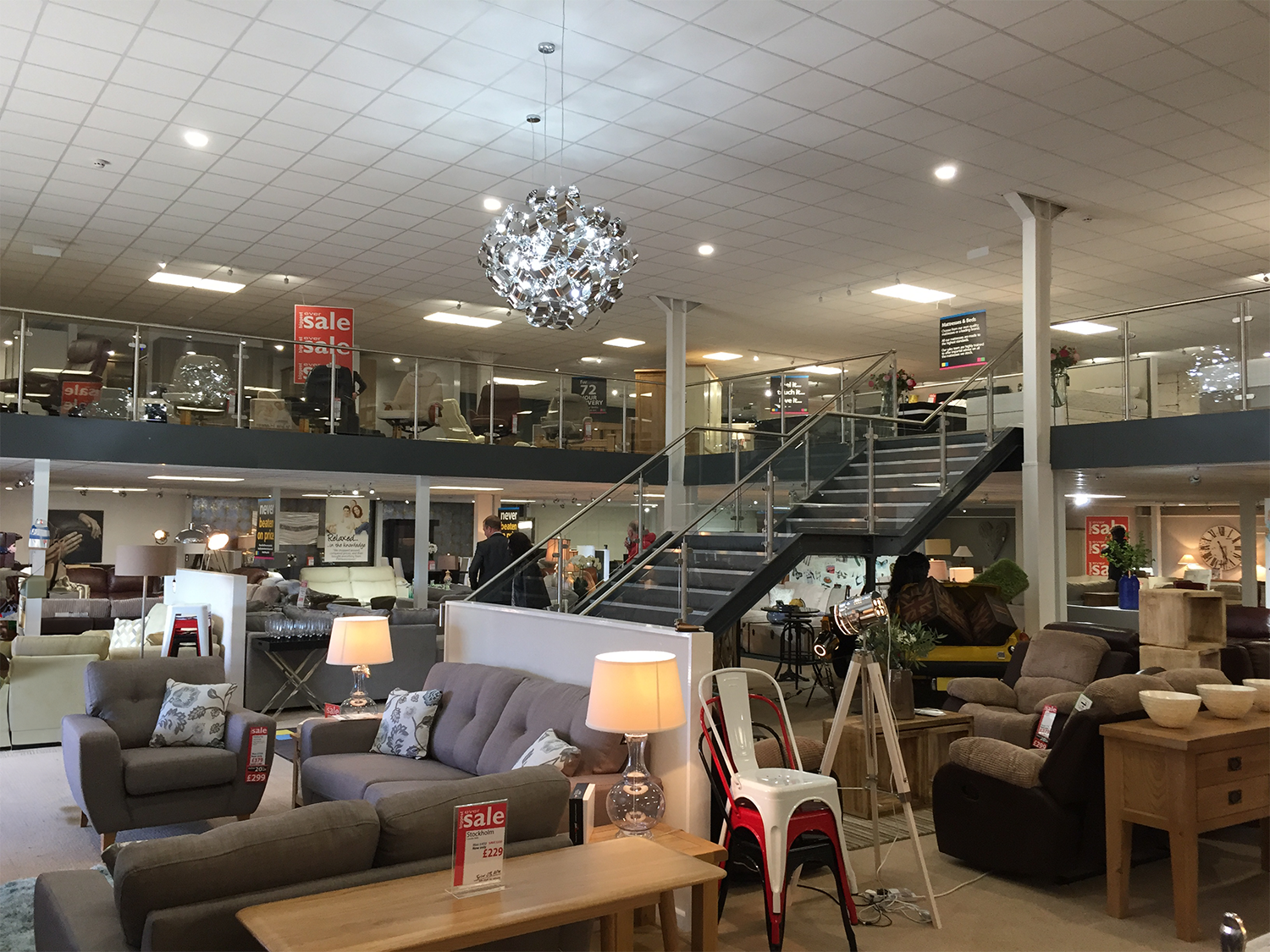 modern mezzanine floor and suspended ceiling inside DFS retail store mezzanine flooring in Newbury with suspended ceilings